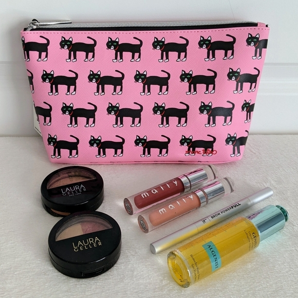 marc tetro Black Cat Print Large Cosmetic Case Pouch PVC Saffiano Pink NWT - Picture 1 of 14